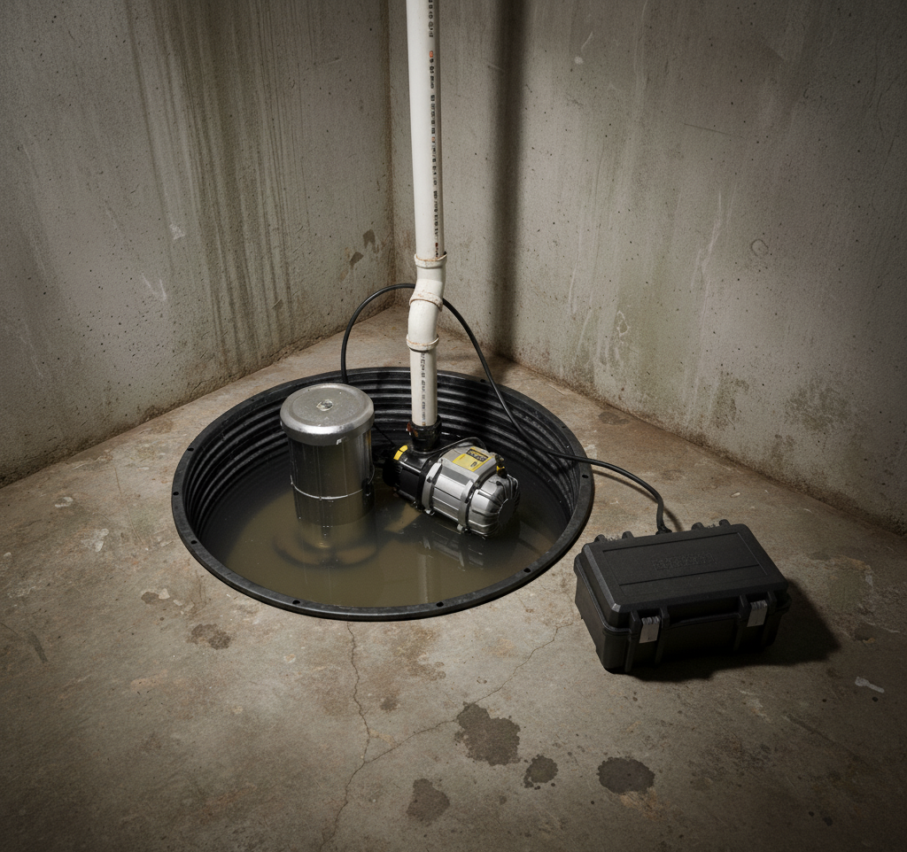Combination system sump pumps include a standard submersible pump with a battery backup.