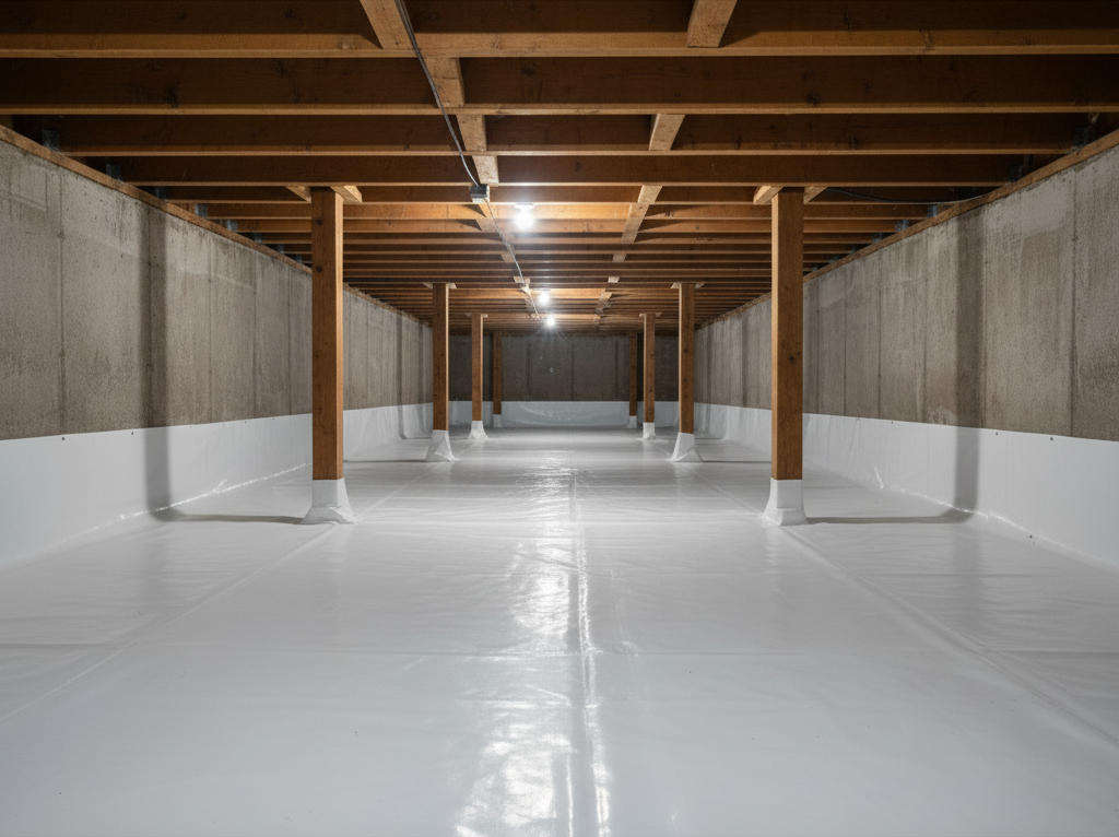 A crawl space vapor barrier is a sheet of heavy-duty polyethylene plastic laid across the ground that stops water from entering your home.