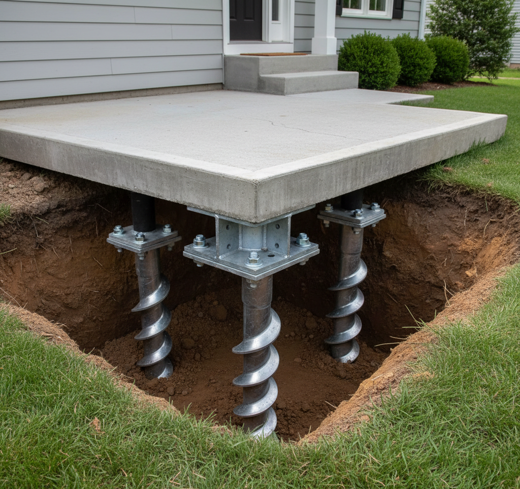 When your front porch is pulling away, considering helical piers as a repair method is recommended. 