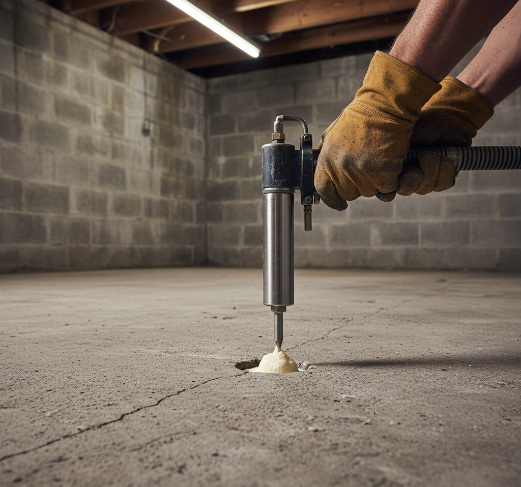 Polyjacking is a modern method to raise an uneven basement concrete floor. 
